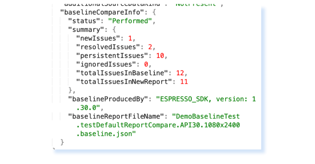 A JSON report from Automation SDK for Mobile showing comparison information 